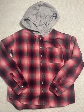 Levi's Girls Pink and Black Plaid Hooded Button Down Long Sleeve Flannel Jacket